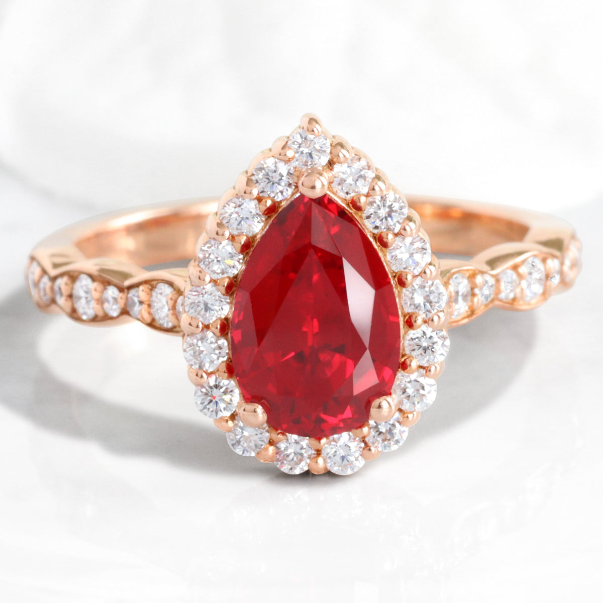 pear ruby engagement ring rose gold halo diamond ruby ring la more design jewelry