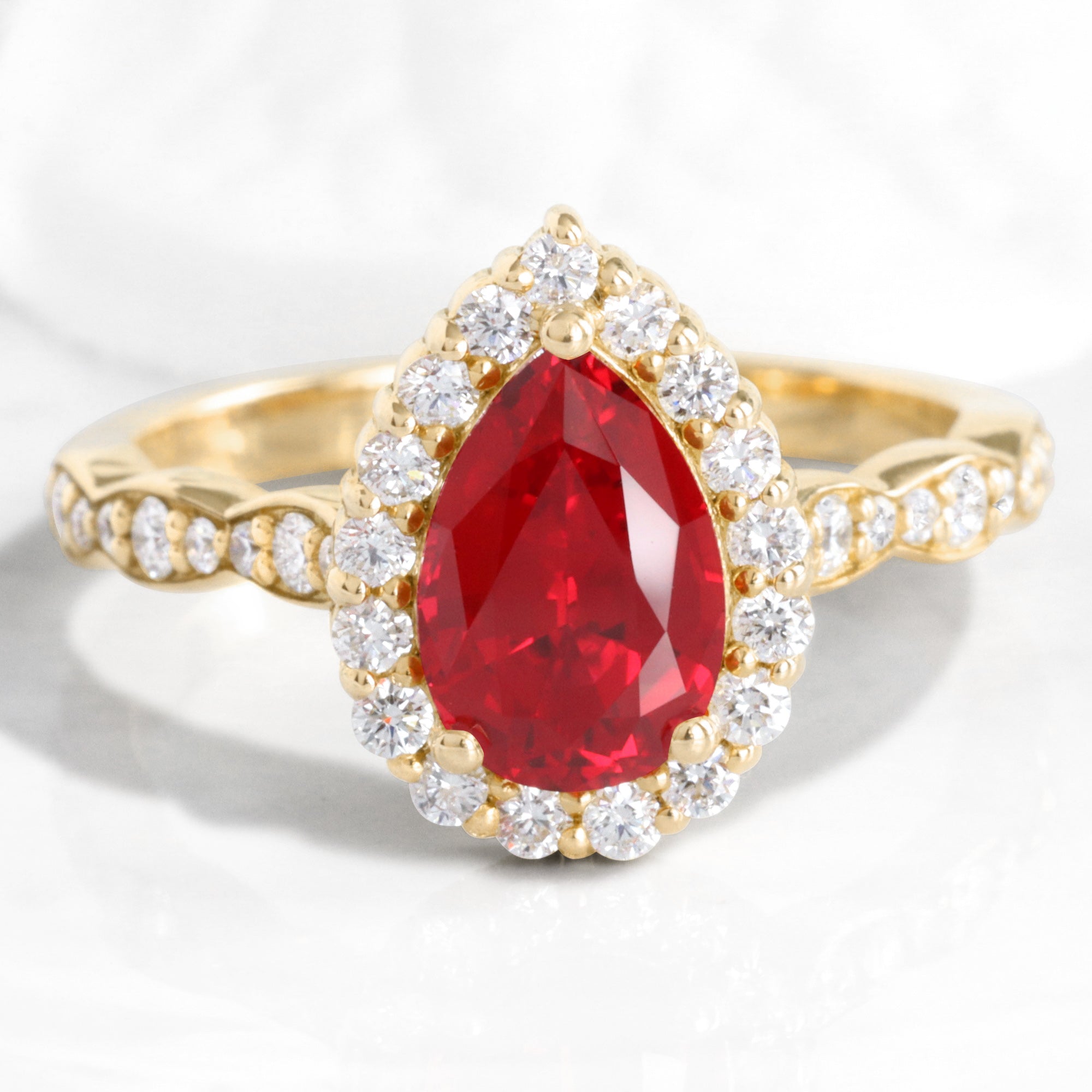 pear ruby engagement ring yellow gold halo diamond ruby ring la more design jewelry