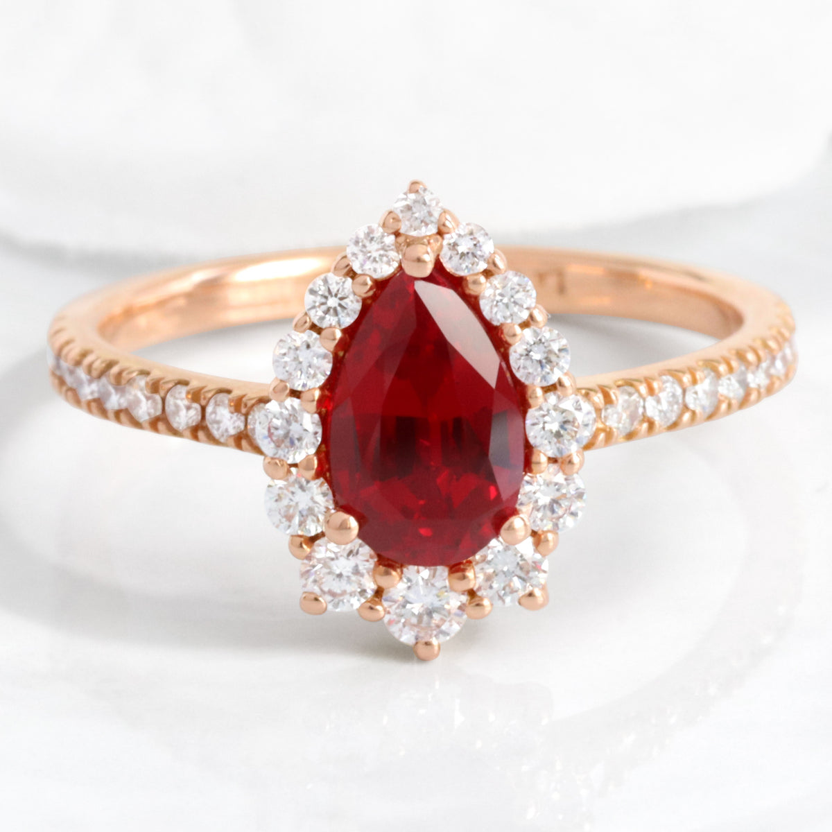 pear shaped ruby engagement ring rose gold halo diamond ring ruby cluster ring by la more design jewelry