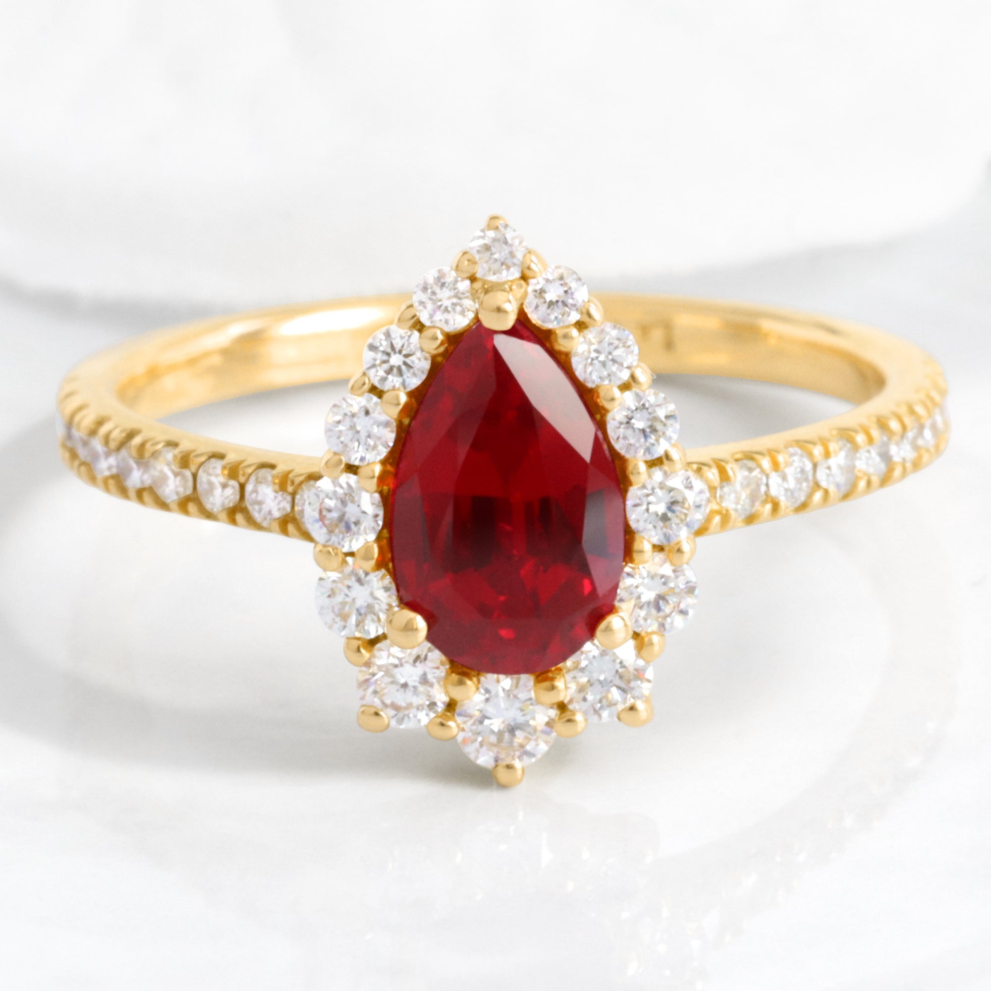 pear shaped ruby engagement ring yellow gold halo diamond ring ruby cluster ring by la more design jewelry