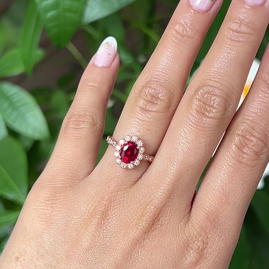 Oval ruby engagement ring rose gold vintage halo diamond ruby ring la more design jewelry