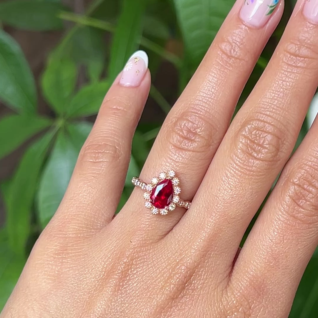 Pear ruby engagement ring rose gold vintage halo diamond ruby ring la more design jewelry