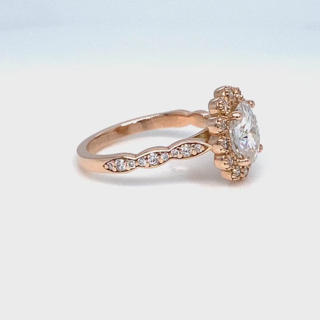 Oval moissanite engagement ring rose gold vintage halo diamond moissanite ring la more design jewelry