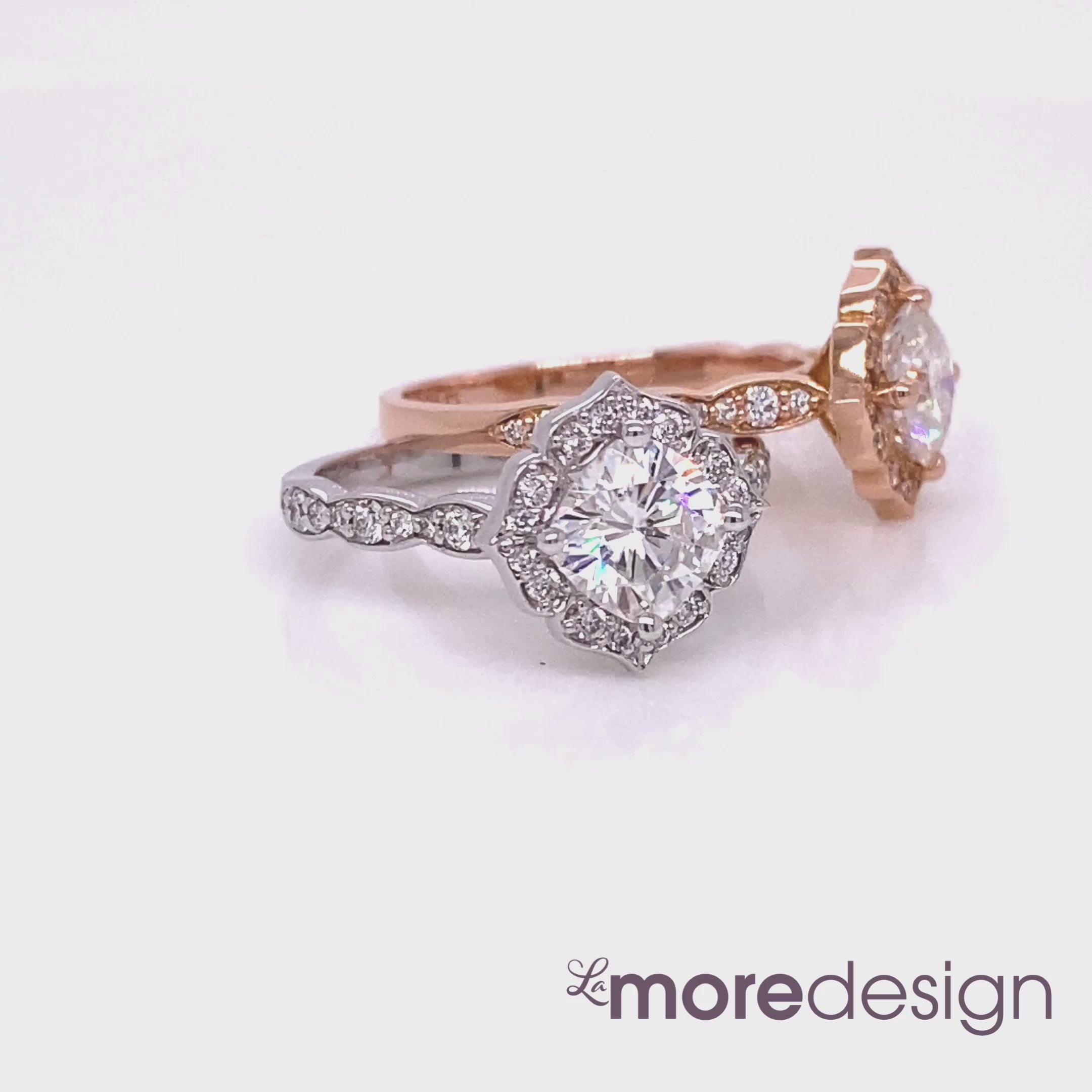 vintage floral moissanite engagement ring white gold and rose gold scalloped diamond band by la more design jewelry