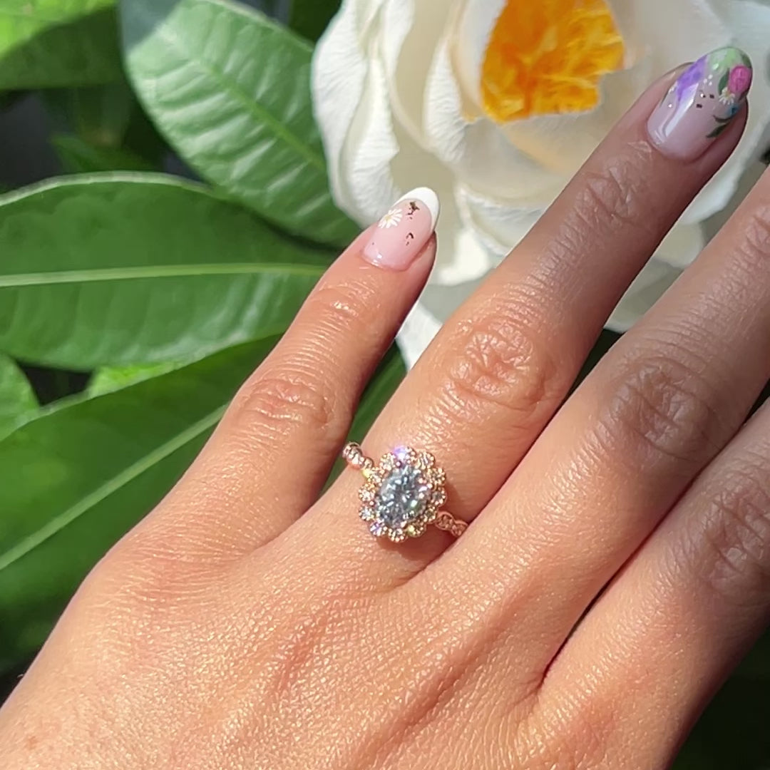 Oval moissanite engagement ring rose gold vintage halo diamond moissanite ring la more design jewelry