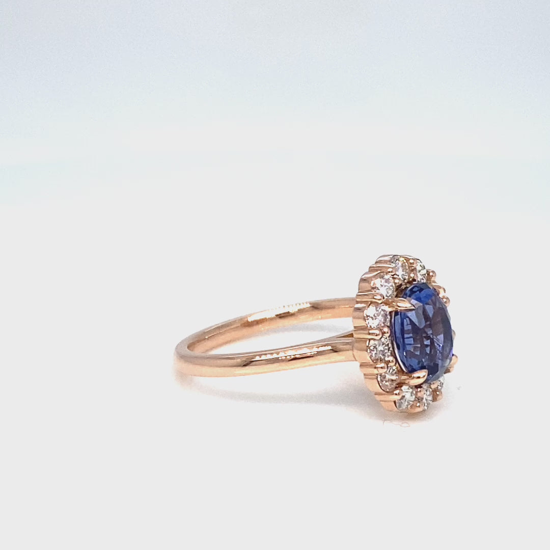 Oval Ceylon blue sapphire ring rose gold large diamond halo sapphire ring la more design jewelry