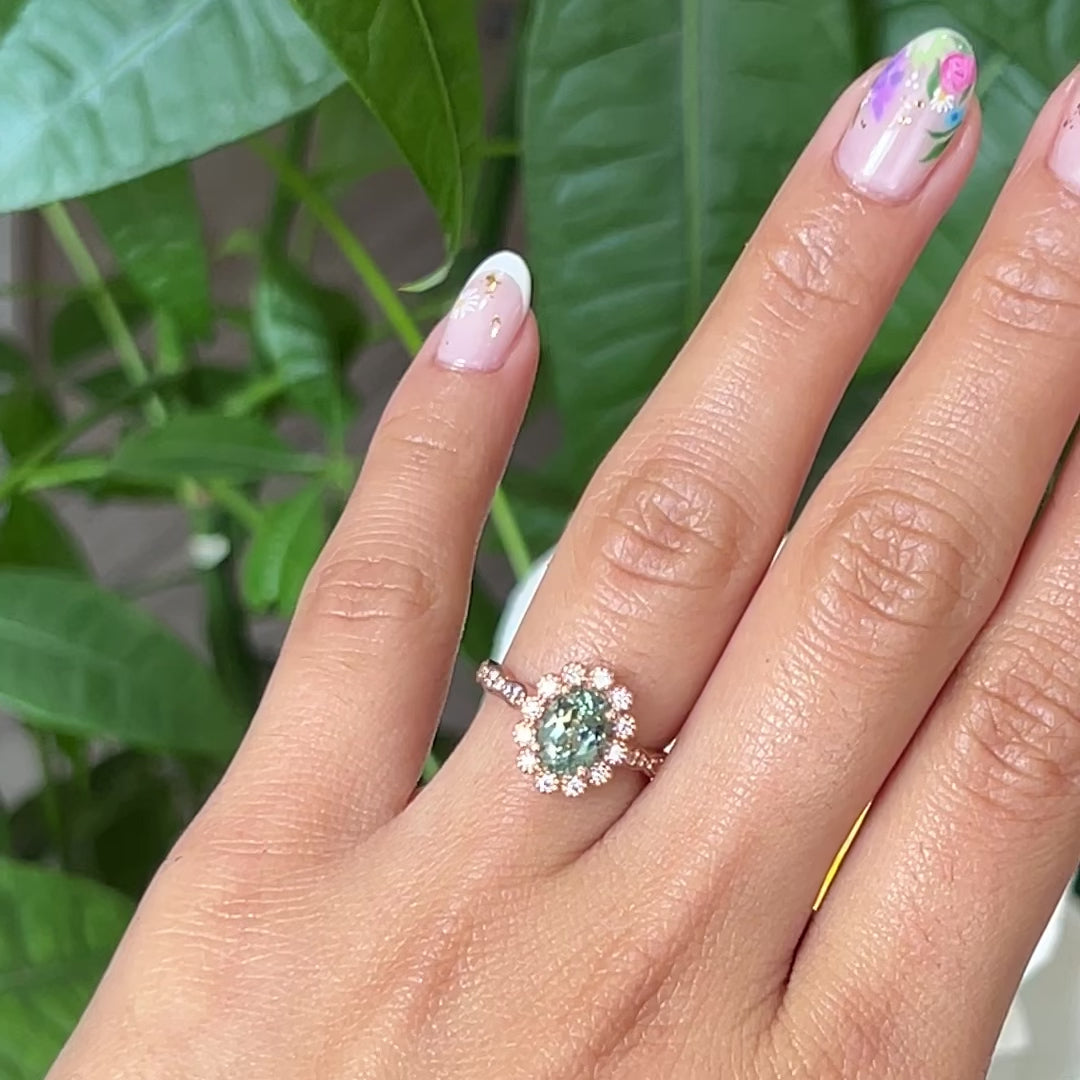 Oval seafoam green sapphire engagement ring rose gold vintage halo diamond sapphire ring la more design jewelry