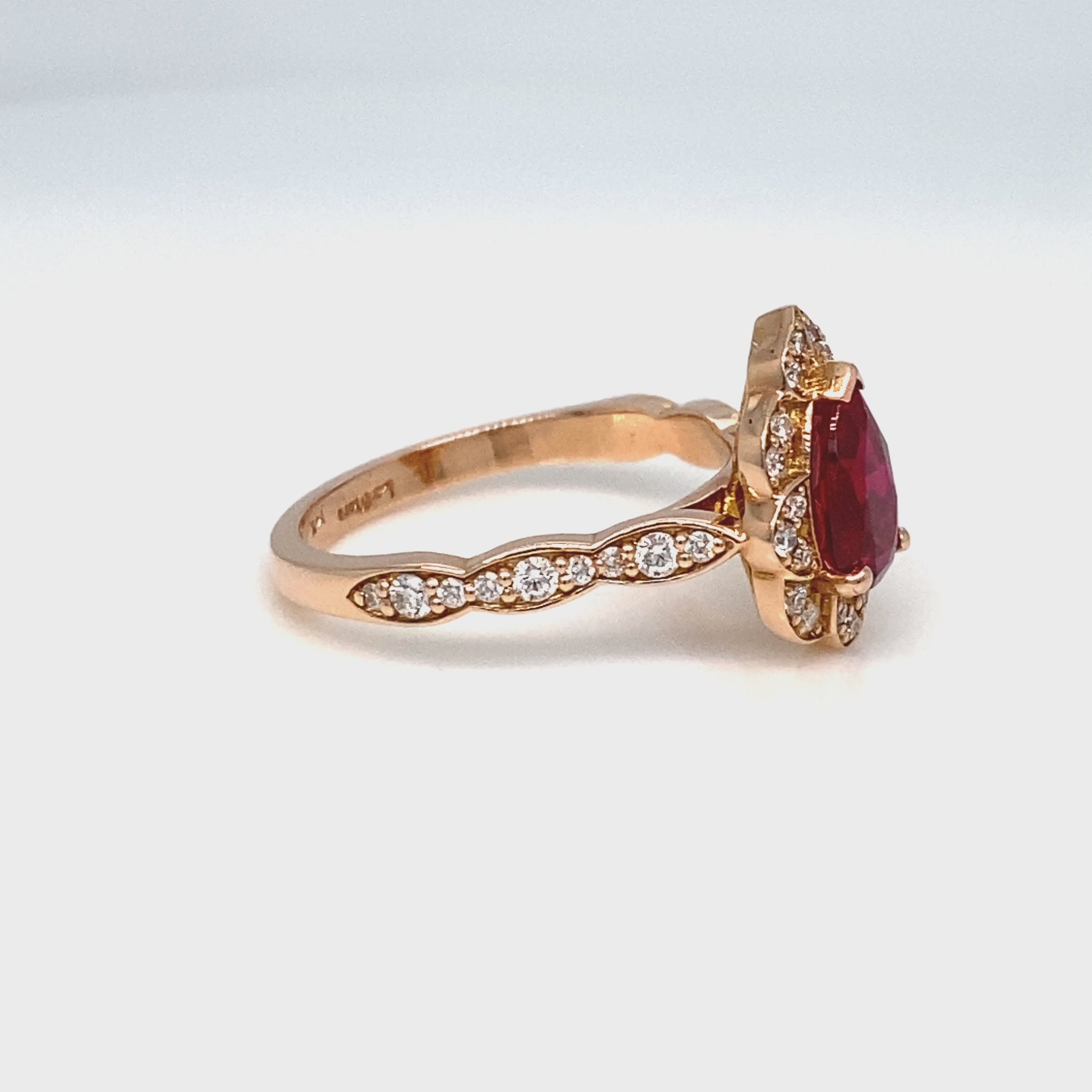 Pear ruby engagement ring rose gold vintage halo diamond ruby ring la more design jewelry