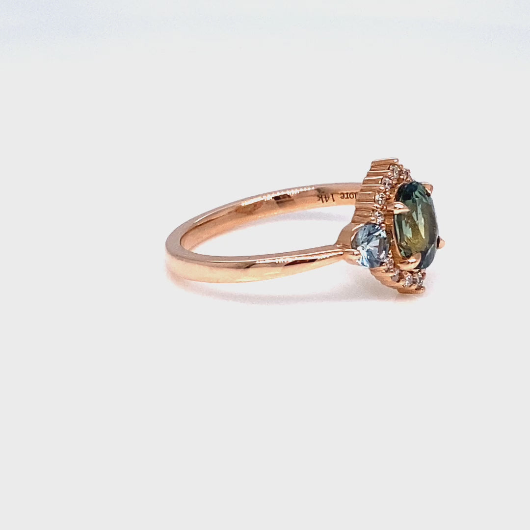 Unique teal blue sapphire ring rose gold diamond halo 3 stone ring la more design jewelry