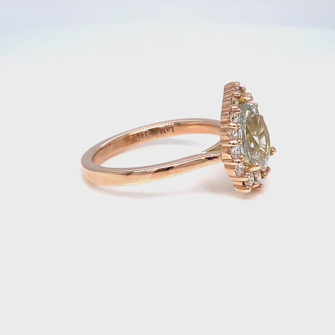 Halo diamond light aqua blue sapphire ring rose gold pear sapphire ring la more design jewelry