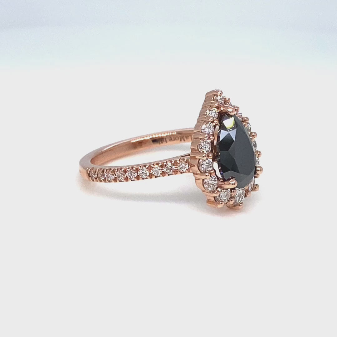 Large pear black diamond engagement ring rose gold halo diamond pear ring pear cluster la more design jewelry