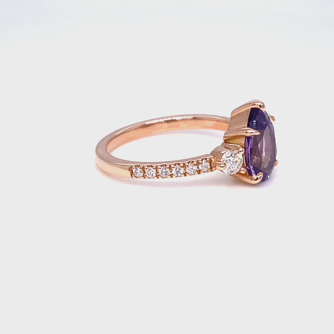 Pear purple sapphire ring rose gold 3 stone diamond ring la more design jewelry