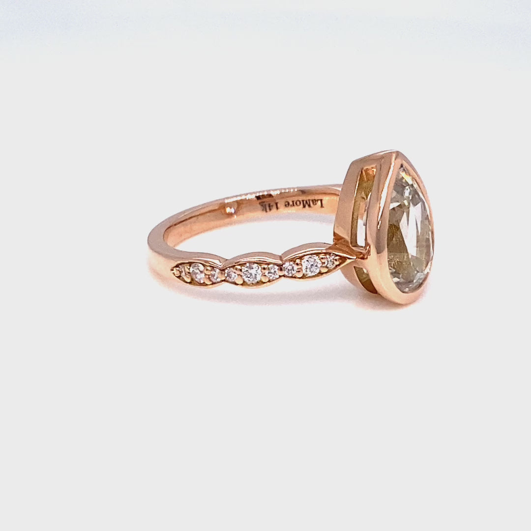 Pear seaform green sapphire ring rose gold bezel solitaire scalloped diamond band la more design jewelry