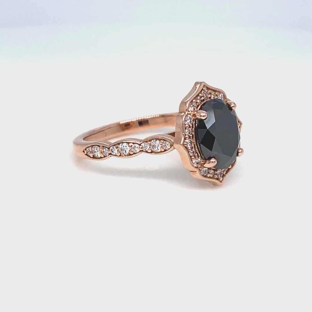 Large oval black diamond engagement ring rose gold vintage halo black diamond ring la more design jewelry