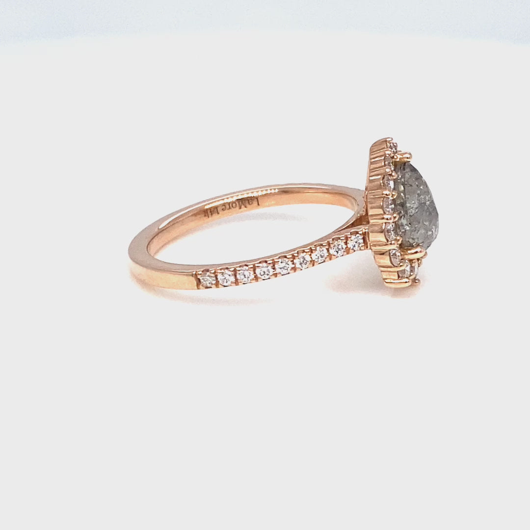 Pear salt and pepper diamond ring rose gold grey diamond halo ring la more design jewelry