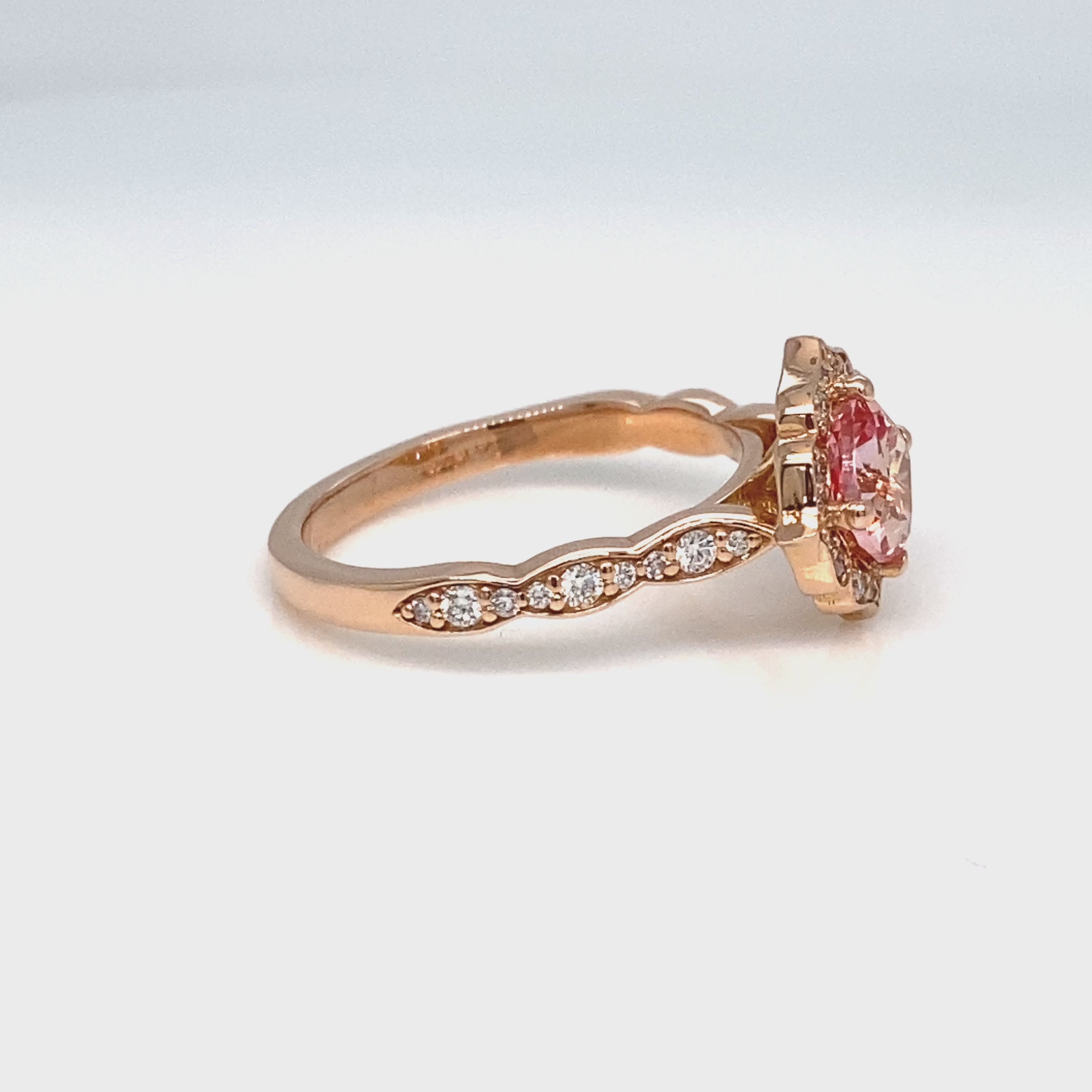 Vintage halo diamond peach sapphire engagement ring stack rose gold la more design jewelry