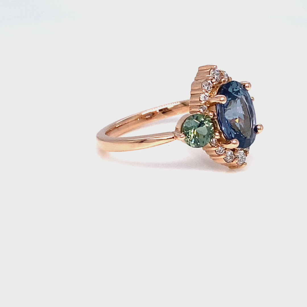 Unique teal blue sapphire ring rose gold diamond halo 3 stone ring la more design jewelry