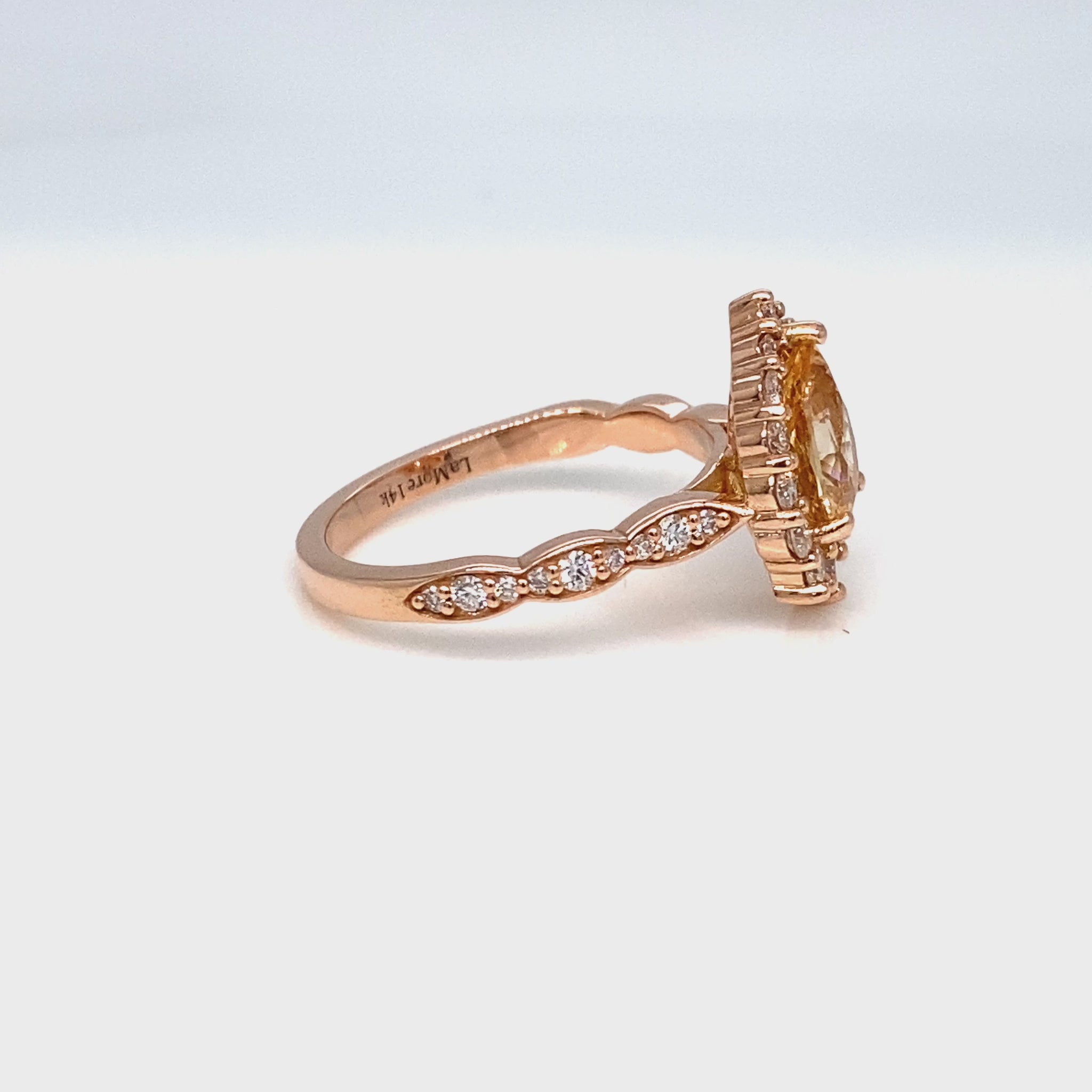 Pear peach yellow sapphire engagement ring rose gold halo diamond sapphire ring la more design jewelry