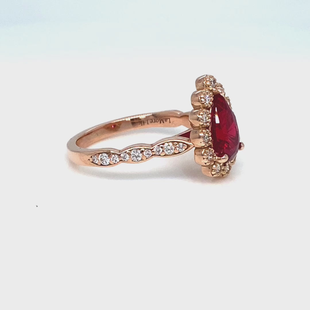 Pear ruby engagement ring rose gold vintage halo diamond ruby ring la more design jewelry