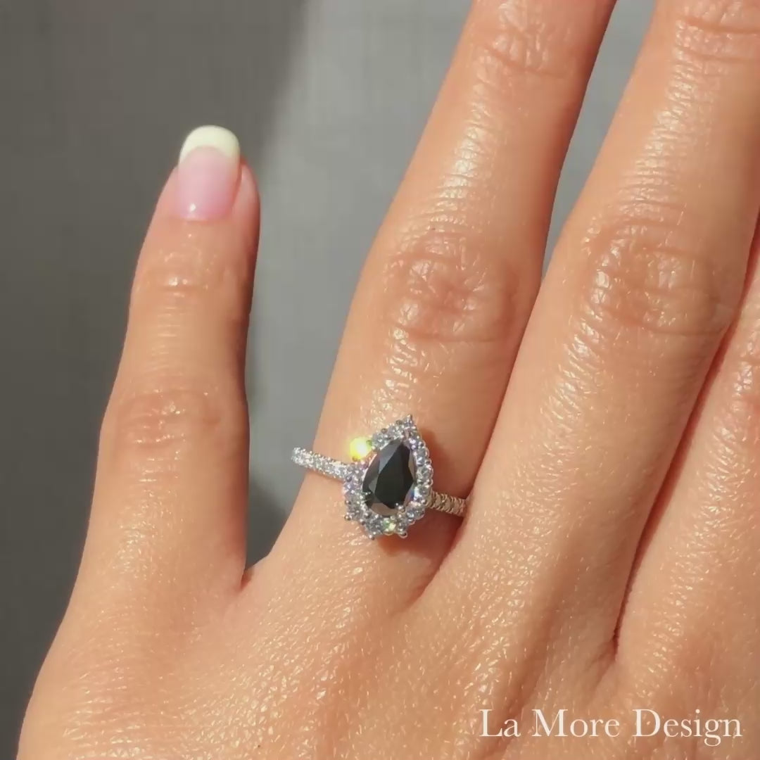 Pear black diamond engagement ring white gold black halo diamond ring la more design jewelry