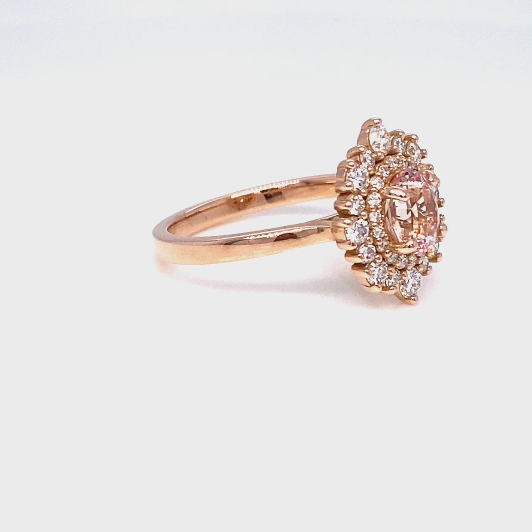 Oval pink peach sapphire ring rose gold double halo diamond engagement ring la more design jewelry