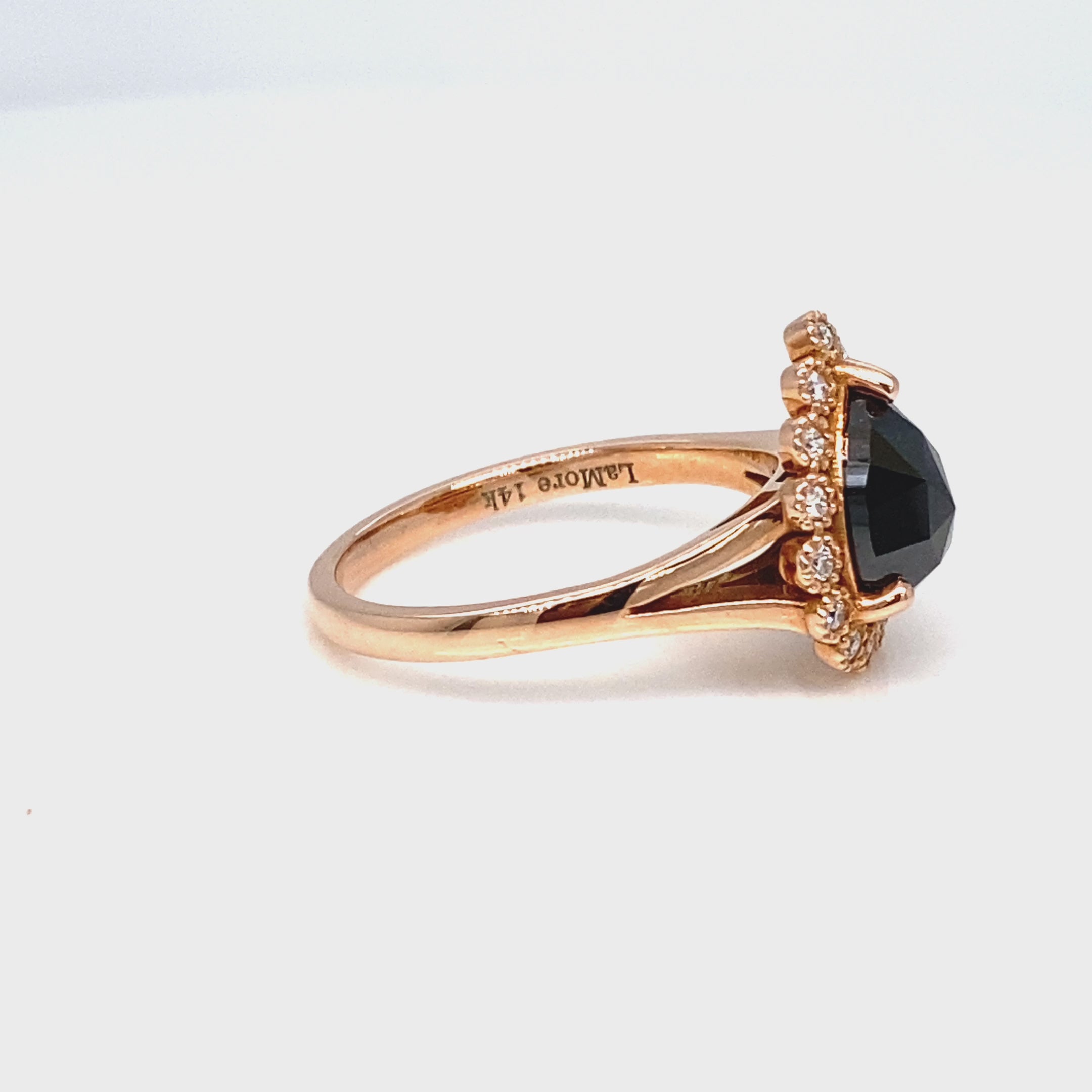 Pear rose cut black diamond engagement ring in rose gold halo diamond band by la more design jewelry