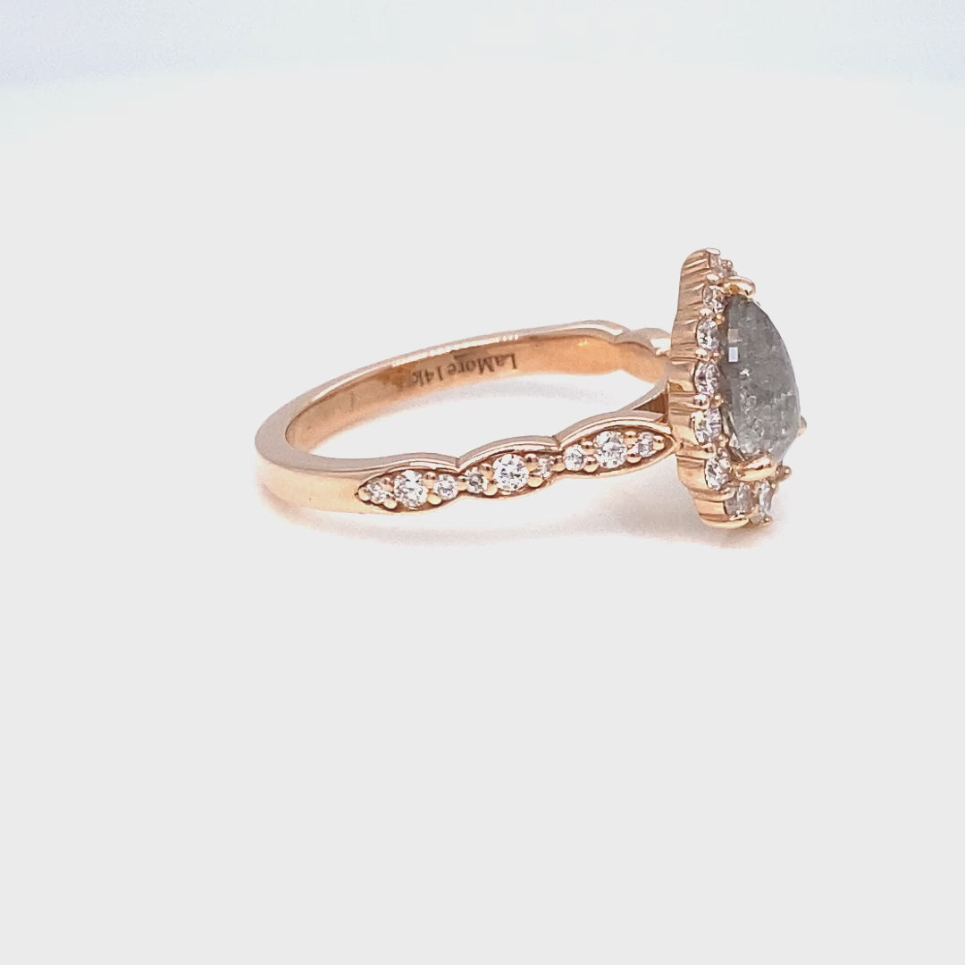 Pear salt and pepper diamond ring rose gold grey diamond halo ring la more design jewelry