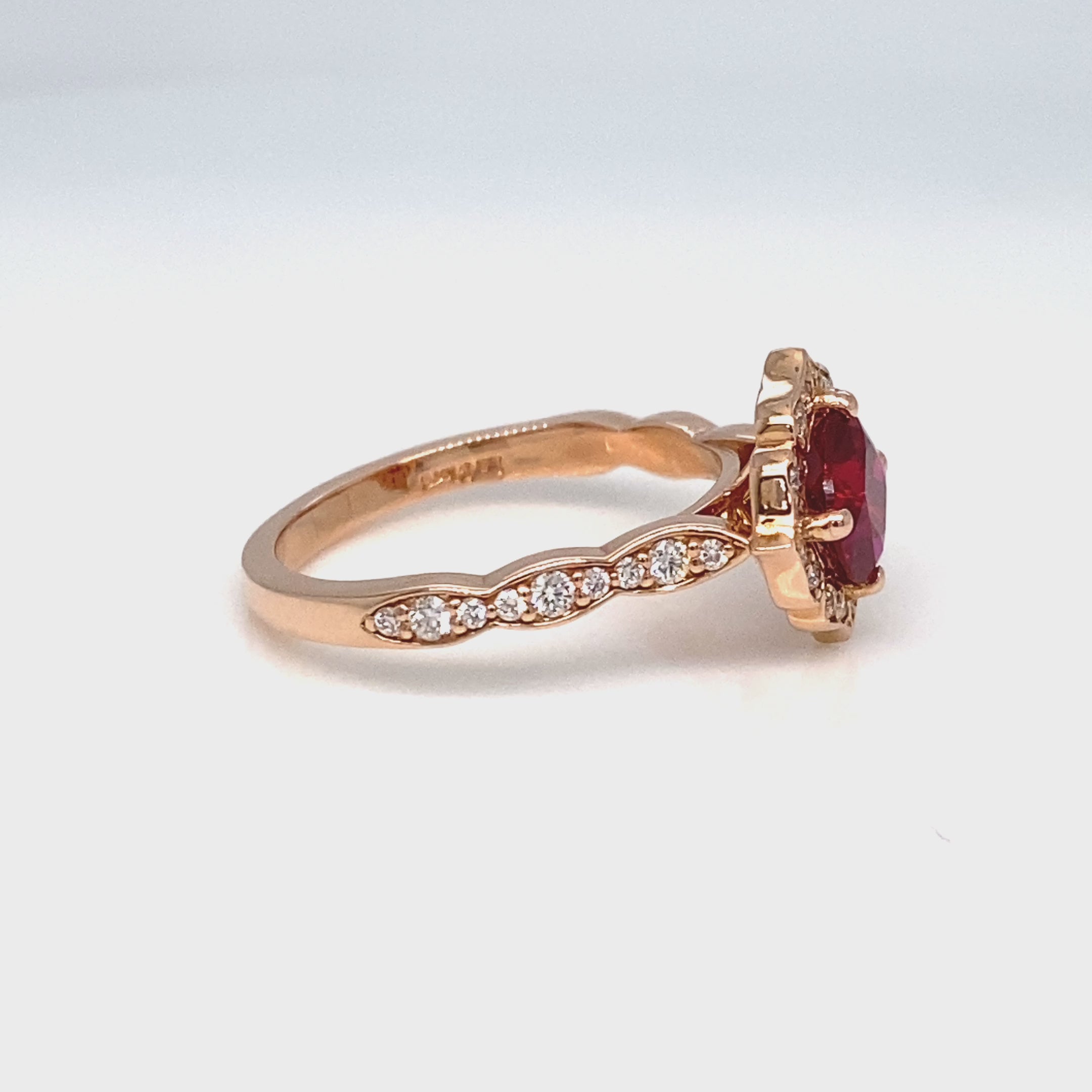 Ruby diamond engagement ring rose gold vintage halo diamond ruby ring la more design jewelry