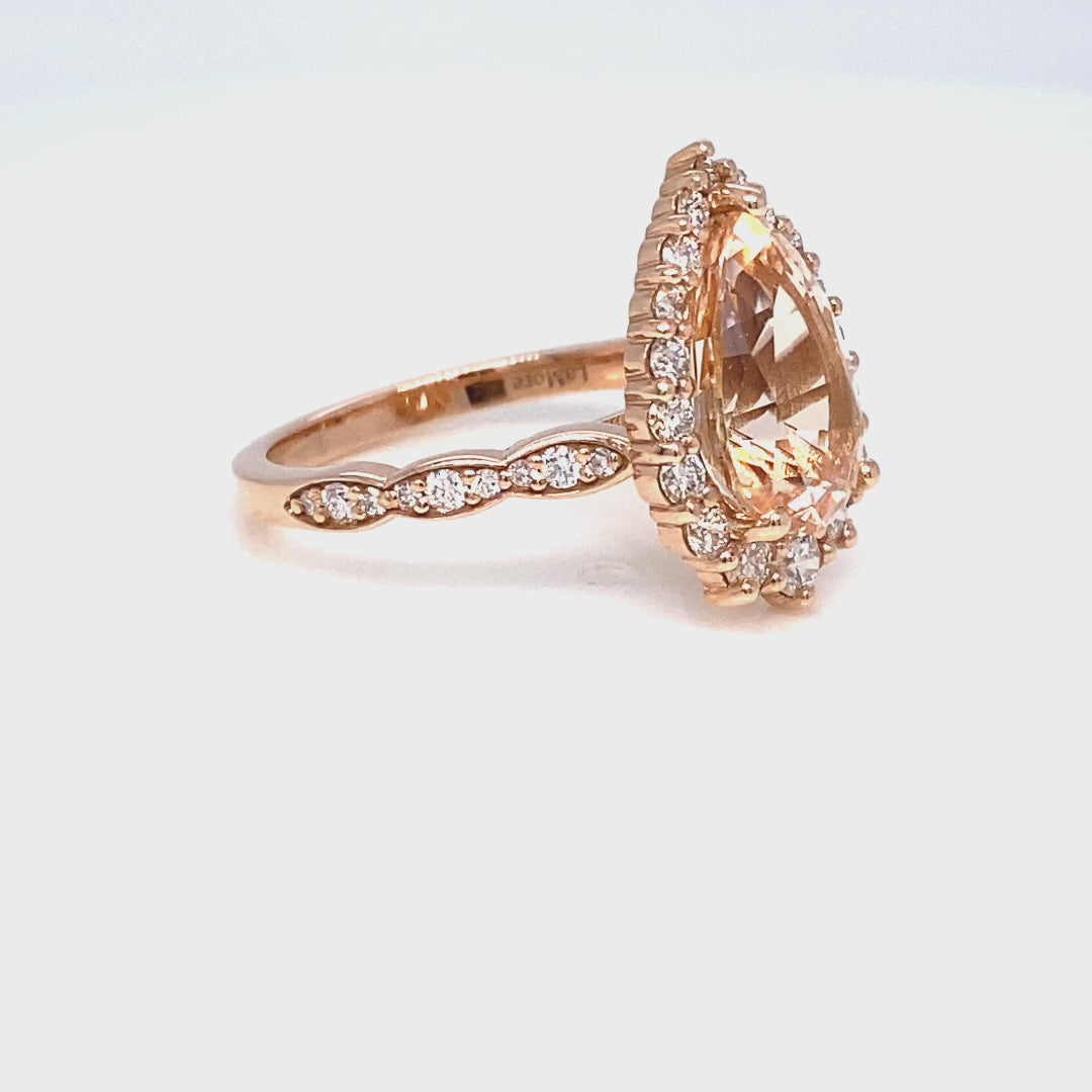 Large pear morganite ring rose gold halo diamond peach morganite ring la more design jewelry