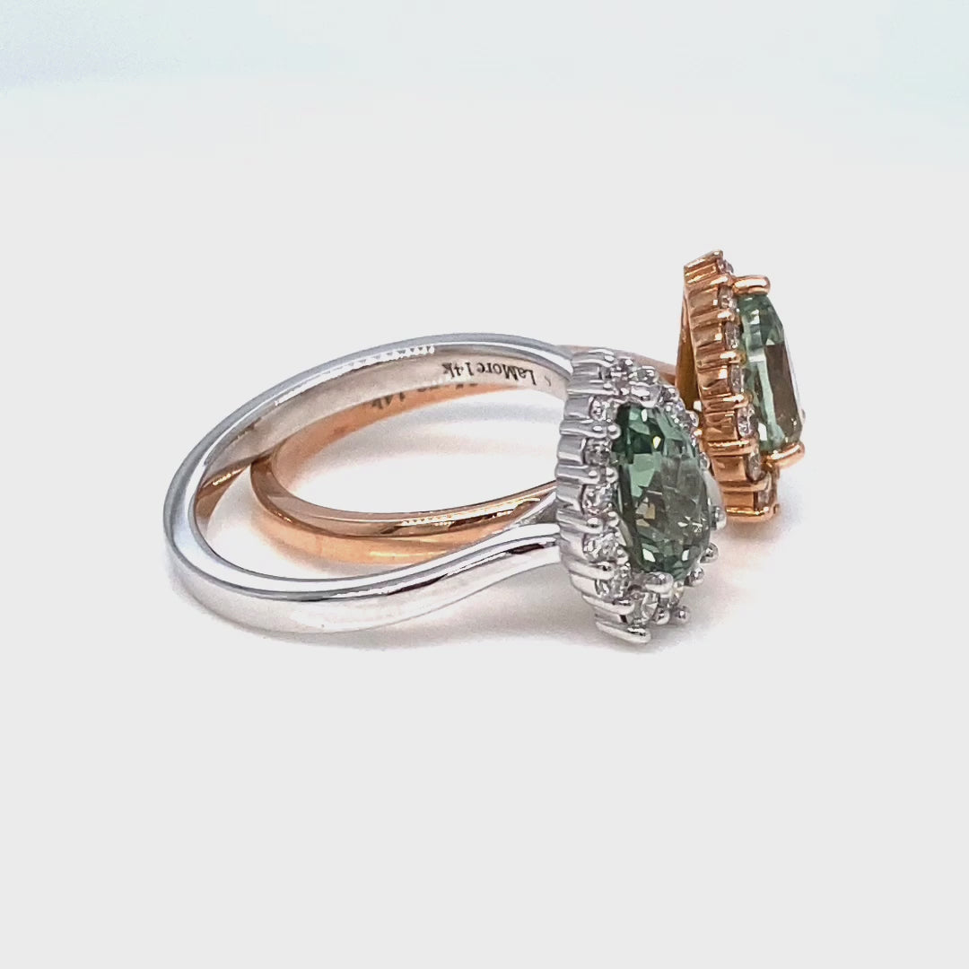 Pear green sapphire ring rose and white gold halo diamond ring la more design jewelry