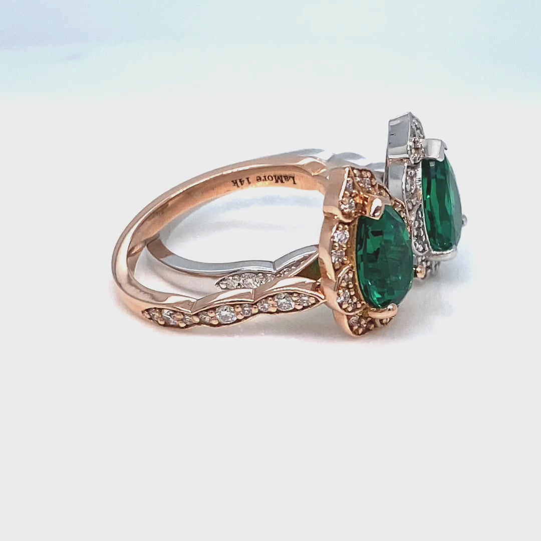 Vintage halo pear emerald ring stack rose gold curved diamond wedding band la more design jewelry