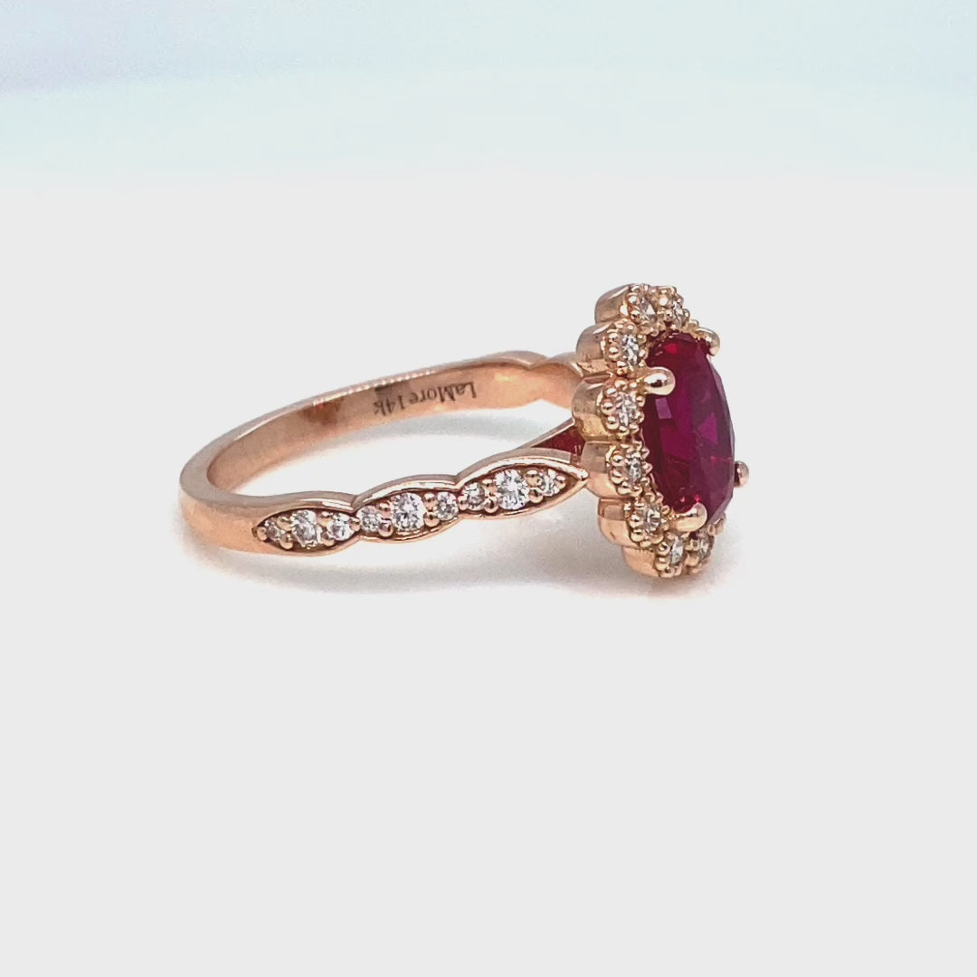 Oval ruby engagement ring rose gold vintage halo diamond ruby ring la more design jewelry