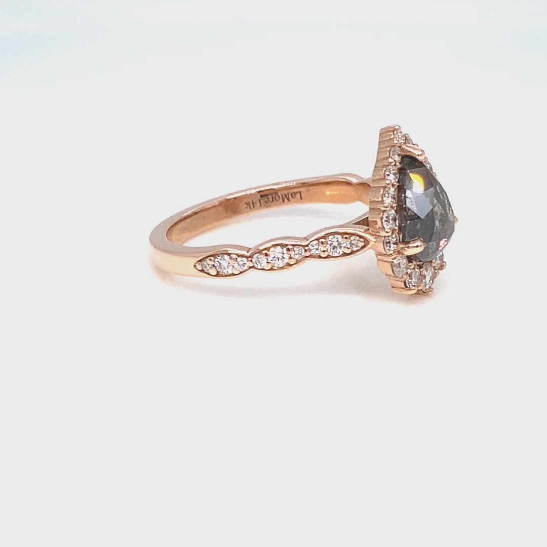 Pear salt and pepper diamond ring rose gold grey diamond halo ring la more design jewelry