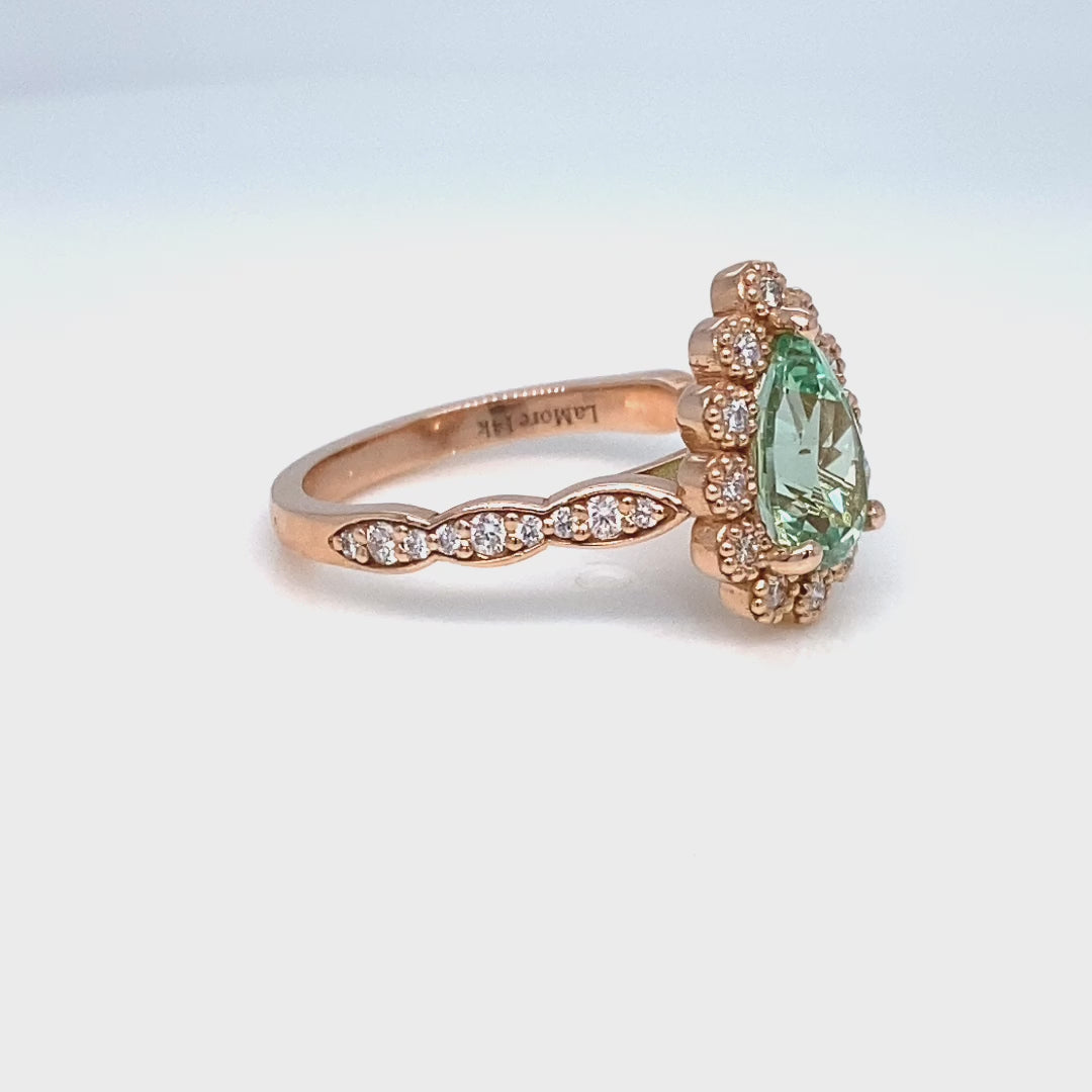 Pear seafoam green sapphire engagement ring rose gold vintage halo diamond sapphire ring la more design jewelry