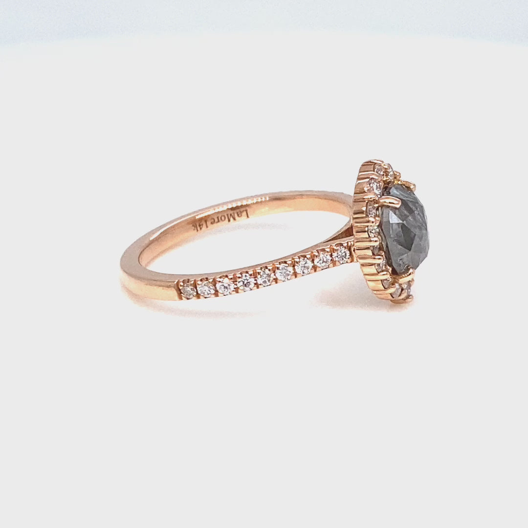 Oval salt and pepper diamond ring rose gold grey diamond halo ring la more design jewelry