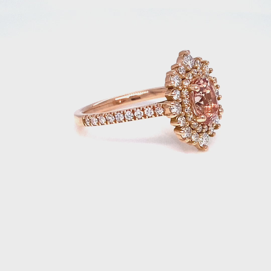 Oval peach sapphire pave ring rose gold double halo diamond engagement ring la more design jewelry