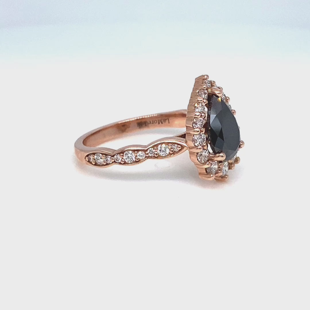 Large pear black diamond engagement ring rose gold halo black diamond ring la more design jewelry