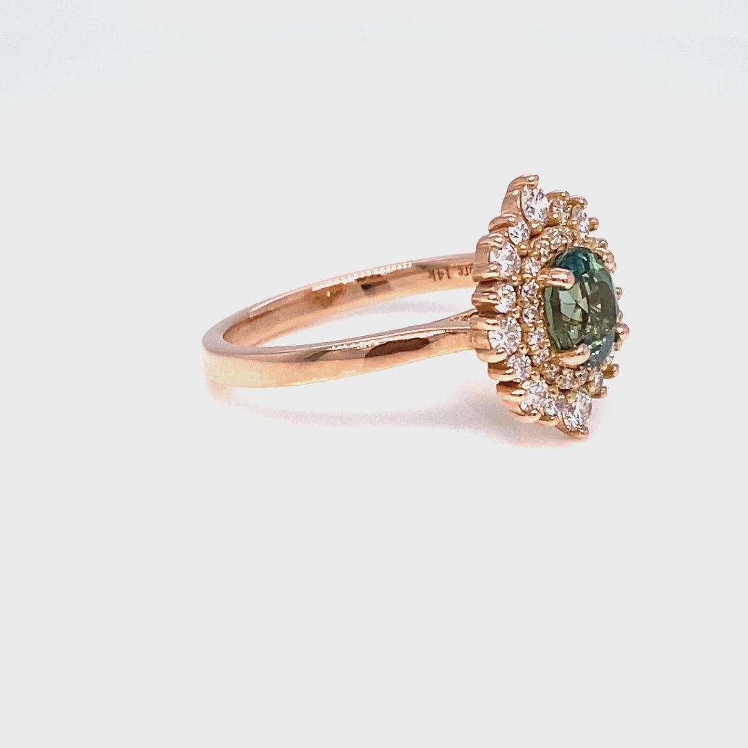 Oval teal green sapphire ring rose gold double halo diamond engagement ring la more design jewelry