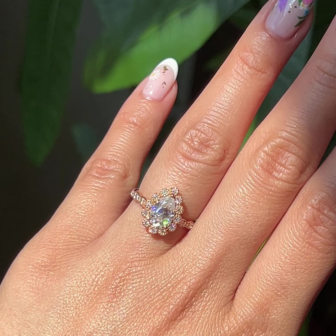 Pear moissanite engagement ring rose gold vintage halo diamond moissanite ring la more design jewelry