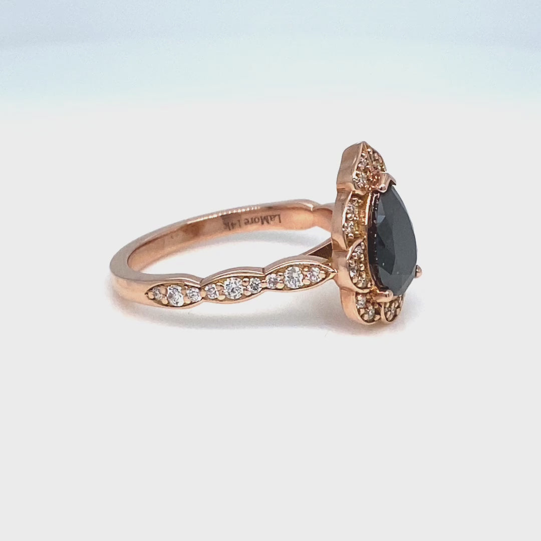 Large pear black diamond engagement ring rose gold vintage halo black diamond ring la more design jewelry