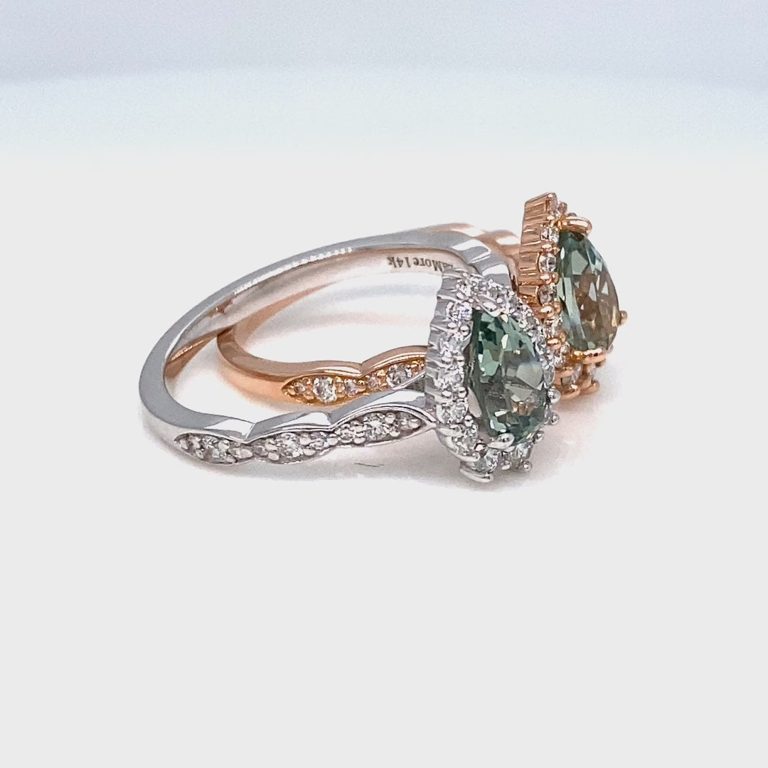 Pear Seafoam Green Sapphire Ring in Tiara Halo Diamond Scalloped Band