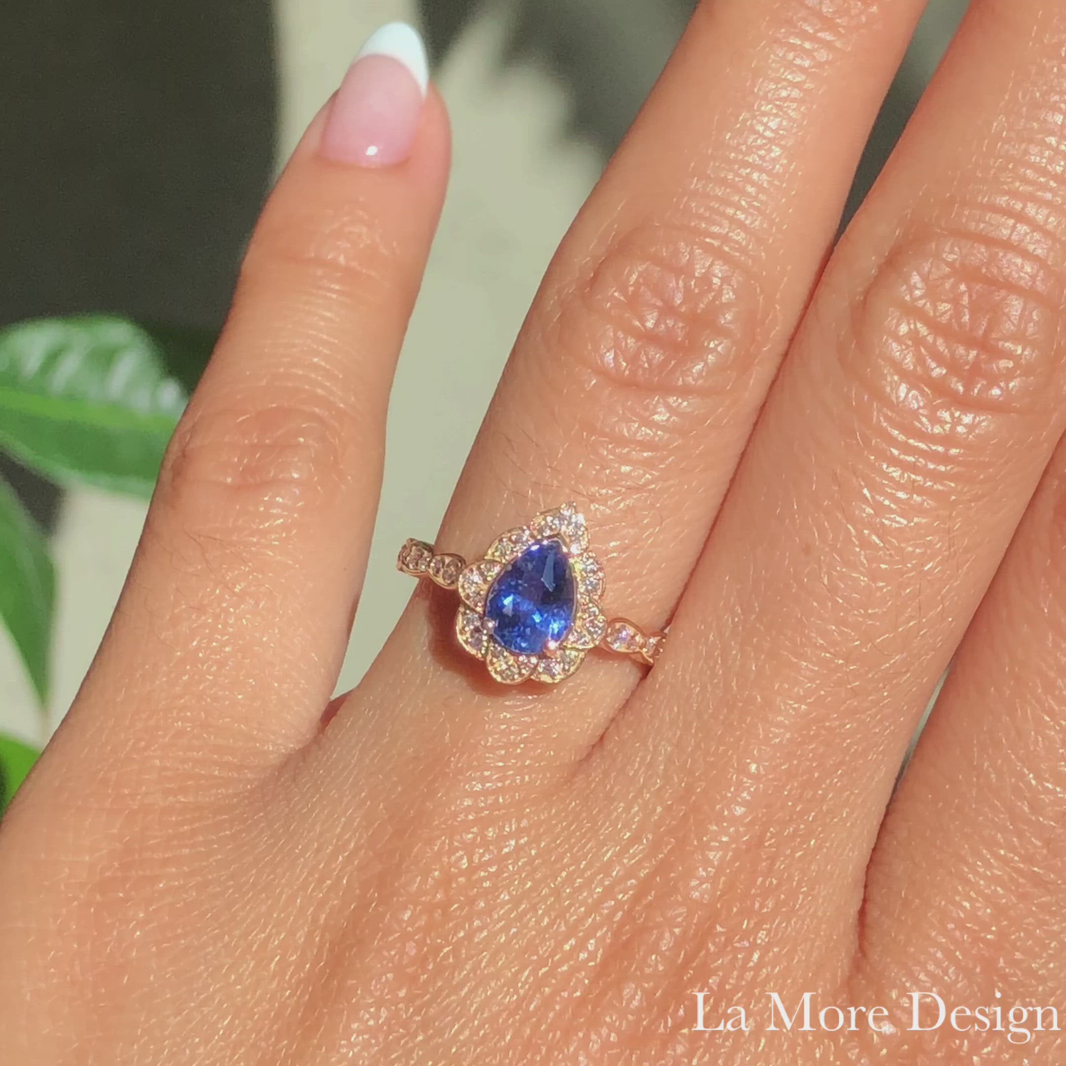 Ceylon Sapphire Diamond Engagement Ring Rose Gold Pear Shape Ring