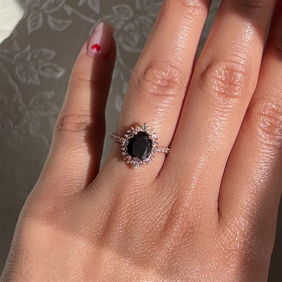 Large Black Diamond Engagement Ring in Rose Gold Halo Diamond Cluster Ring by La More Design Jewelry