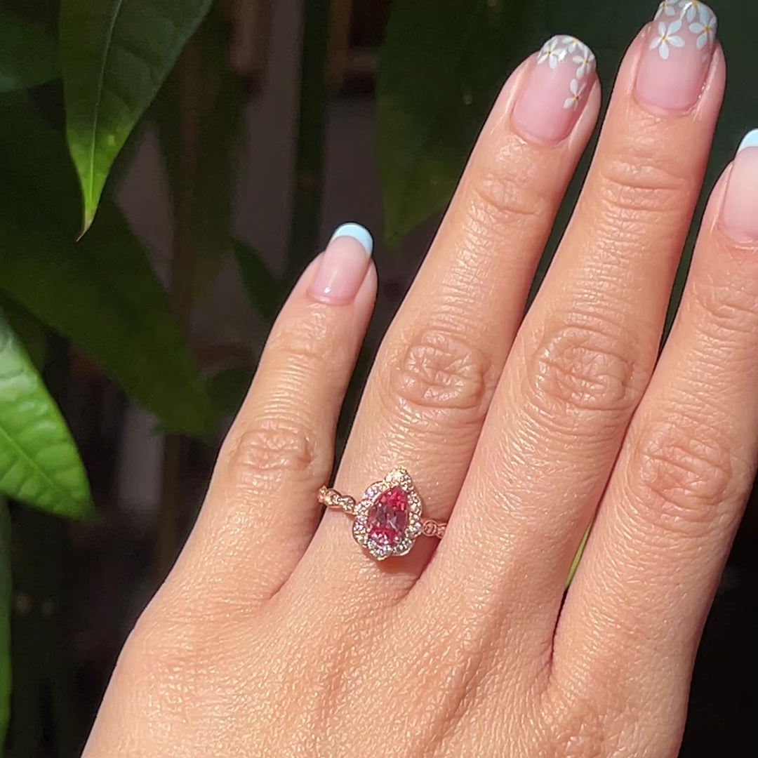 vintage inspired peach sapphire pear engagement ring in rose gold curved diamond band by la more design jewelry