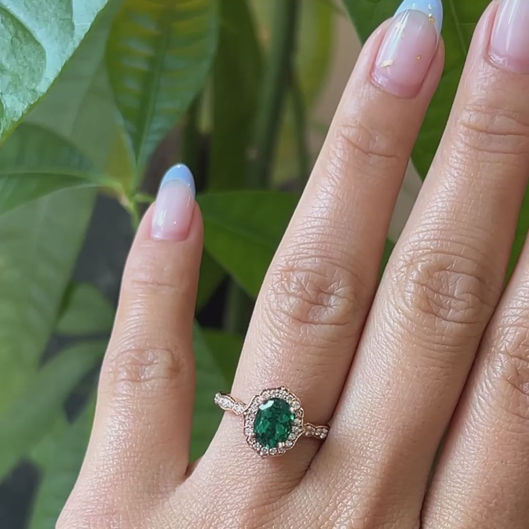 Vintage Floral Oval Ring Bridal Set w/ Emerald and Curved Leaf Diamond Band