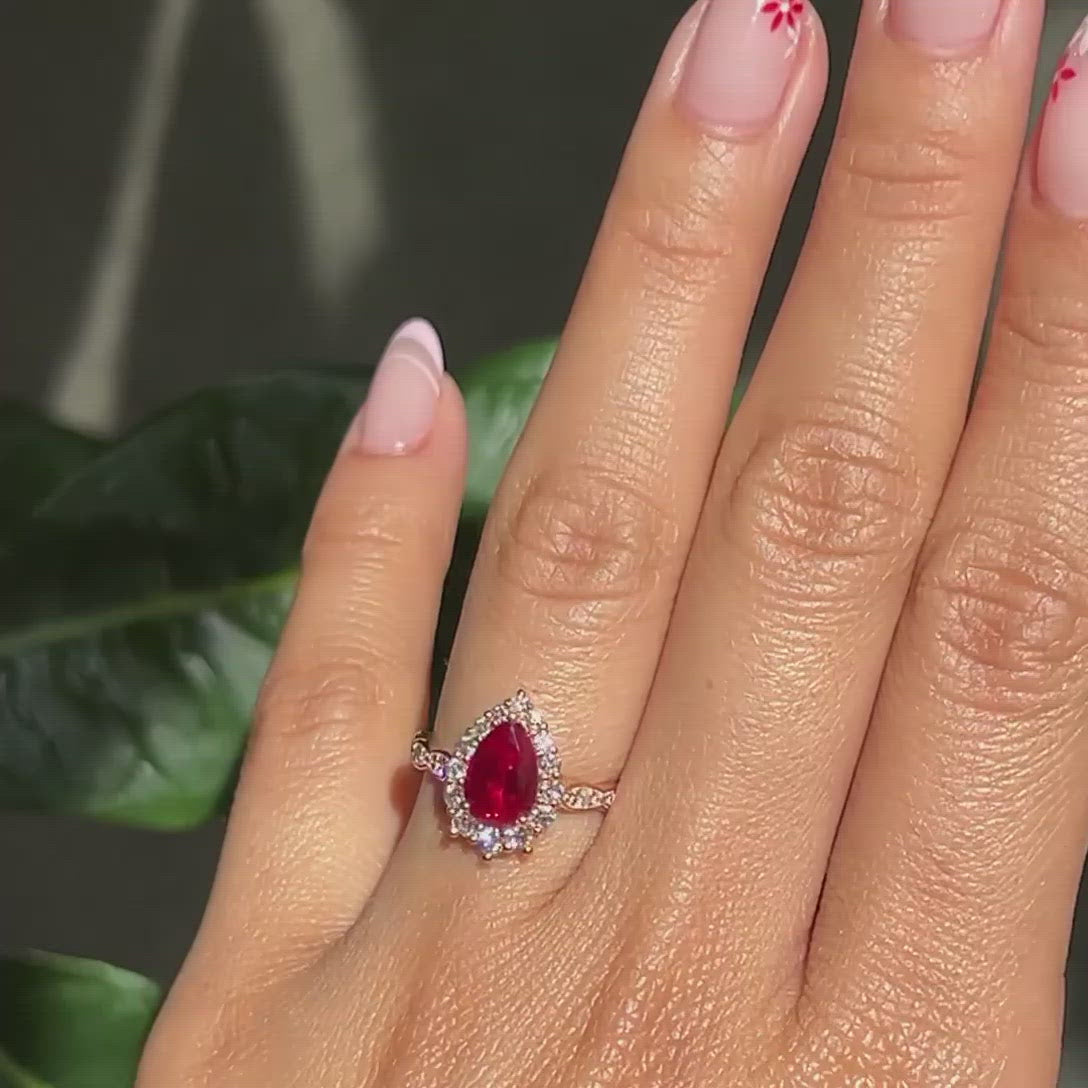 Large pear ruby engagement ring rose gold halo diamond ruby ring la more design jewelry