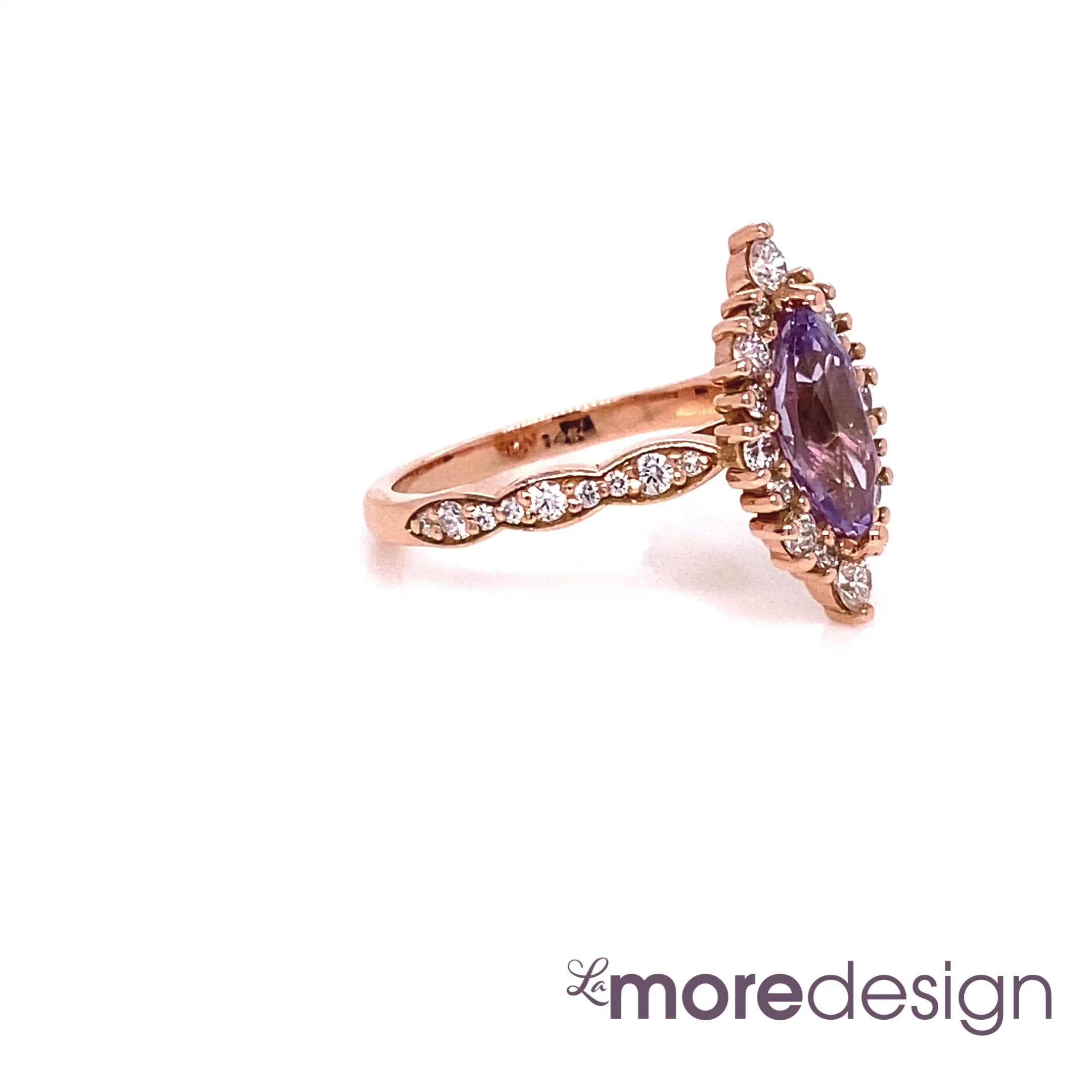 Breathtakingly unique and gorgeous creation! This lavender purple sapphire engagement ring is crafted in 14k rose gold tiara halo diamond ring setting with a large 1.70-carat marquise cut natural sapphire center ~ total gemstone and diamond weight of the whole ring is 2.32 ct.tw.  This stunning marquise-cut engagement ring will guarantee a big smile on your future bride's face! All our wedding bands can pair beautifully with this beautiful tiara halo diamond sapphire ring!