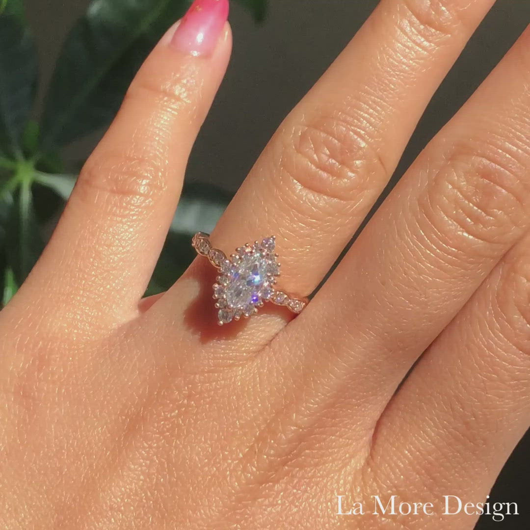 marquise moissanite engagement ring rose gold halo diamond scalloped band la more design jewelry