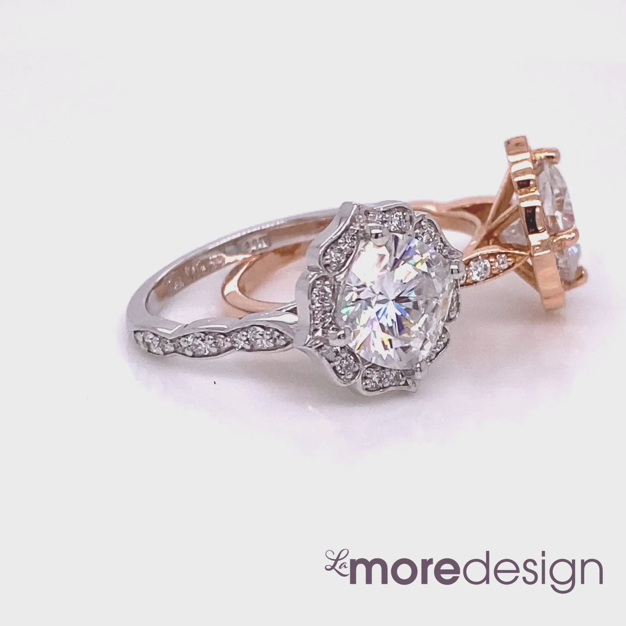 white gold and rose gold moissanite engagement ring floral ring scalloped diamond band by la more design