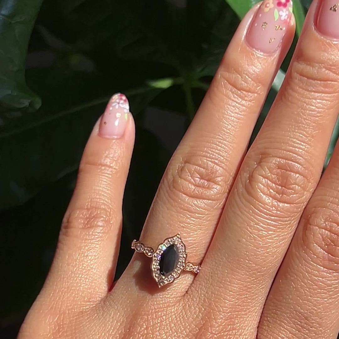 Natural Marquise Black Diamond Ring Bridal Set Rose Gold Curved Band La More Design